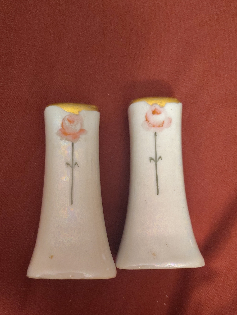 Vintage Hand Painted Floral Iridescent  Porcelain Salt and Pepper Shakers